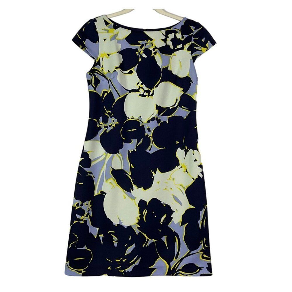 Vince Camuto Floral Print Cap Sleeve Sheath Dress Size 4, Blue/Ivory/Yellow